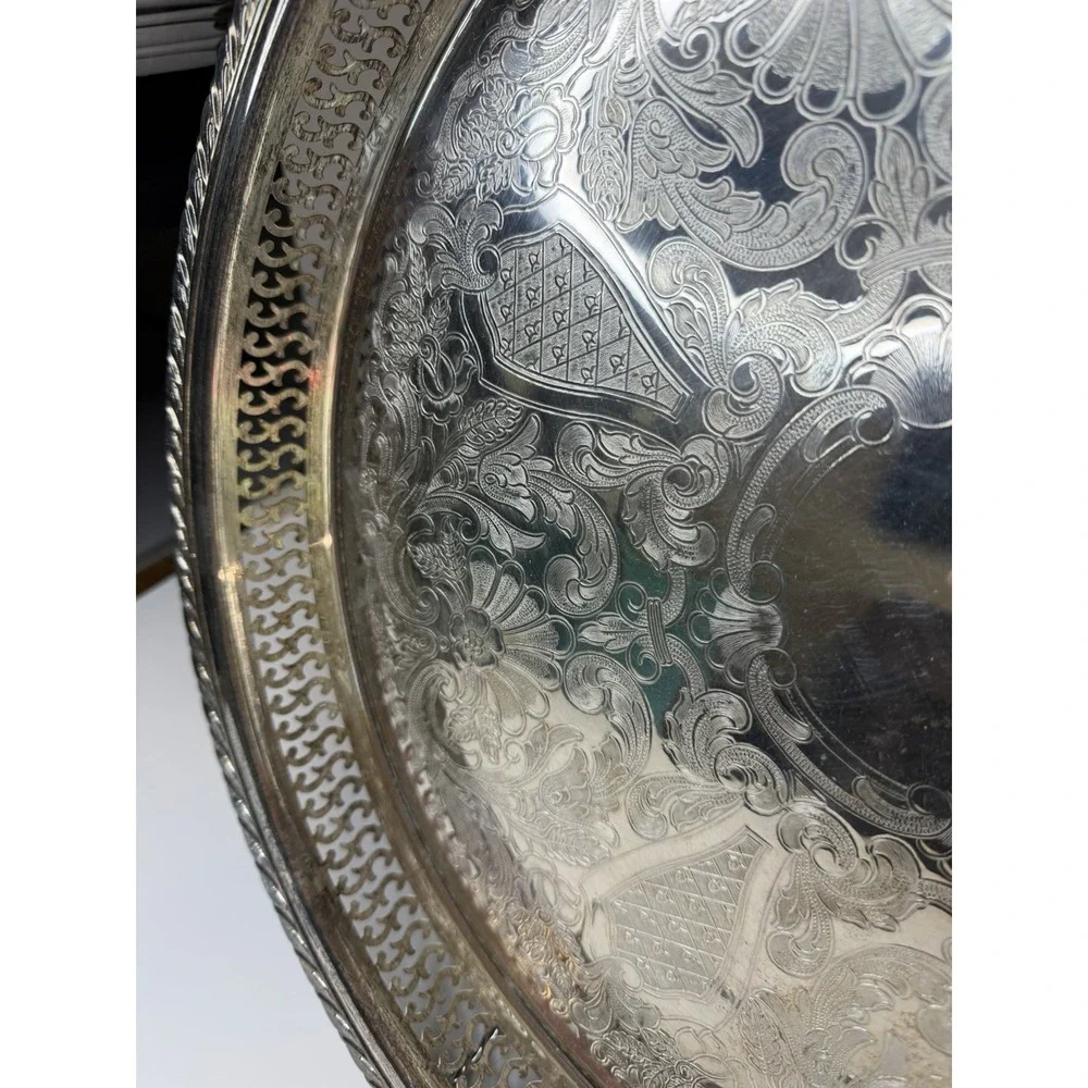 Silverplate Tray/ Scroll Etching Raised Rim Pierced Design 15.8
